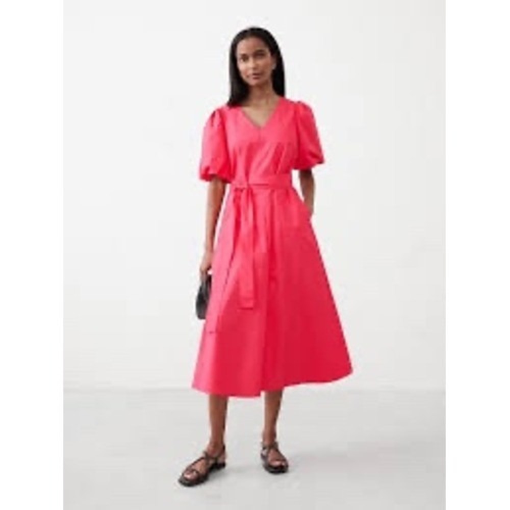 NWT‎ Banana Republic Women's Pink V Neck Puff Sleeve Midi Dress Size L